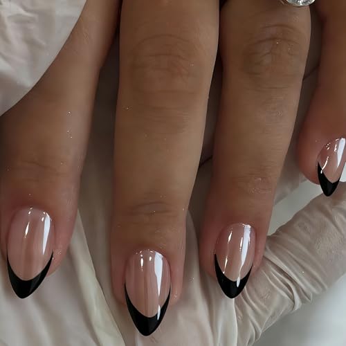 JOYVVEW Chrome Black French Tip Press on Nails Short Square,
