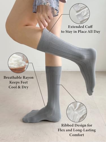 Thin Crew Socks for Women, Soft Breathable Bamboo Rayon Fashion Socks, Pastel Aesthetic Ribbed Dress Autumn Socks – 6 Pairs (Size 5-9), Perfect for Uggs2