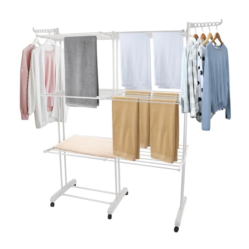 HUOLE Séchoir à Linge Tour Peu encombrant, étendoir à Linge Extensible, Table de Lavage Pliable pour l'intérieur et de Grandes familles,49 x (75-132) x 170 cm (Blanc + Tube Blanc)