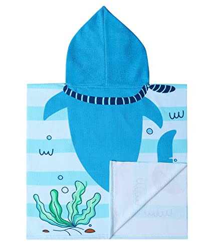 Image of Kids Beach Towels with Hood Toddlers Hooded Towel Poncho Swim Cover-ups with Storage Bag, Blue Shark