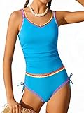 Girls Swimsuit Contrast Trim Tankini Sets Solid Color 2 Piece Bathing Suit Padded Swimsuits for Teens 9-16Y Blue