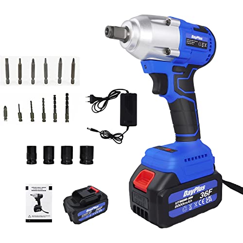 21V Clé à Chocs Sans Fil, 1/2'' Boulonneuse à Choc Electrique Couple élevé 420Nm avec 6.0Ah Batterie Lithium, Visseuse à Chocs Sans fil, 4 Douilles, Kit de clé à chocs puissant Pour Boulons de Roue