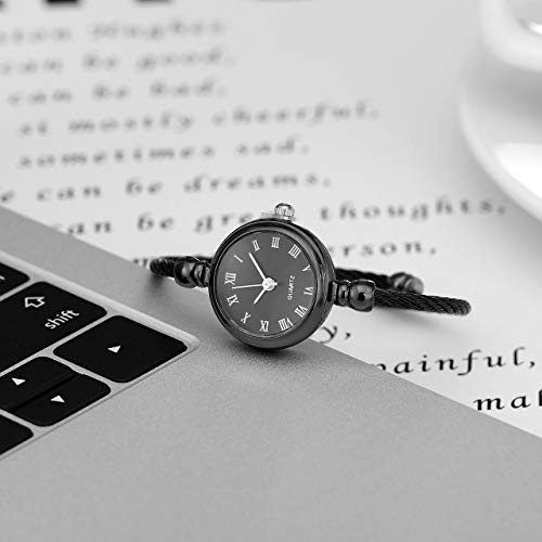 Top Plaza Womens Fashion Analog Quartz Bangle Cuff Wrist Bracelet Watch Elegant Stainless Steel Wire Band Roman Numerals Dress Watches 6.8 Inches - Black Tone Black Dial #TOP2