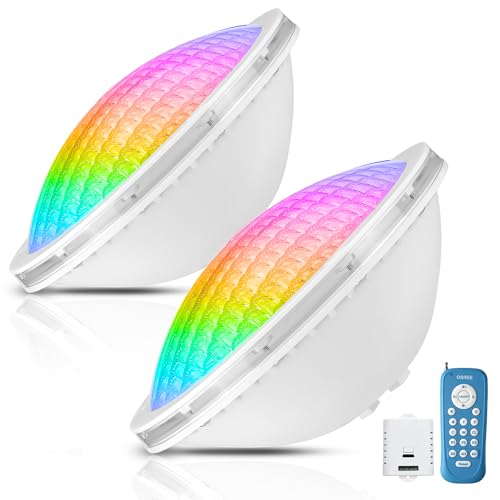 OSREE Projecteur Piscine LED PAR56, 20W RGB Ampoule Piscine Dimmable Couleur 800lm, Lampe de Piscines avec Télécommande, Minuteur 2/4/6H, IP68 Étanche pour Piscines Liner et Béton, 12V AC, Lot de 2