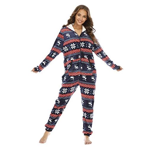 BERDITH jumpsuit, onesie för kvinnor, sovoverall jul med huva, träningsoverall, pyjamas, mysig pyjamas, långärmad sparkdräkt jul med dragkedja för kvinnor, flickor, Blå 01, S