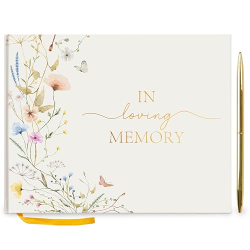 Hunanyume Funeral Guest Book for Memorial Service in Loving Memory Guest Book with Gold Pen Please Sign Table Card Wild Floral Funeral Sign in Book for Guests (7 x 9)