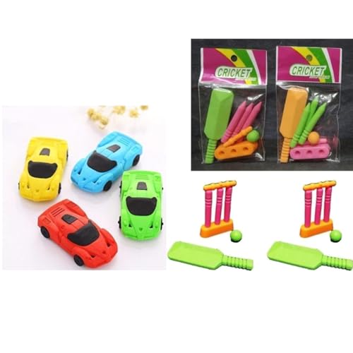 Image of Combo (2 Car Eraser + 2 Cricket Eraser) Kit Design Non-Toxic Rubber Pencil Eraser Set for Kids Stationery, School Supply, Birthday Return Gift(YBG3), Multi-Color