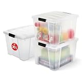 Iris Ohyama, Boite Rangement Plastique avec Couvercle, 30L, Lot de 3, Transparent, Clips de Fermeture, Poignée, Empilable, pour Chambre, Dressing, Bureau, Sans BPA, Caisse de Rangement, Bac, HB-30
