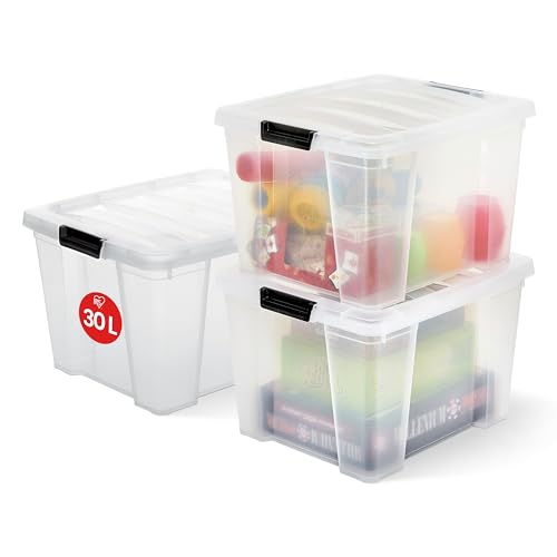 Iris Ohyama, Boite Rangement Plastique avec Couvercle, 30L, Lot de 3, Transparent, Clips de Fermeture, Poignée, Empilable, pour Chambre, Dressing, Bureau, Sans BPA,...