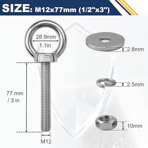 Image of 4 Pack M12 Stainless Steel Eye Bolts with Nuts, 1 /2 inch x 3 inch Eye Bolts | 304 Stainless Steel Eye Bolt,Eye Bolts Heavy Duty for Hang Tie Down Outdoor,1 /2 eye bolts with nuts,m12 eye bolts