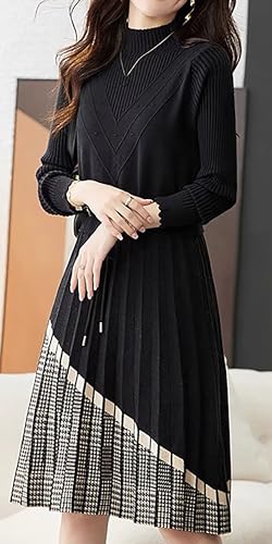 LAI MENG FIVE CATS Women Stripe Crew Neck Drawstring Knit Long Sleeve Pullover Fall Casual Dress2