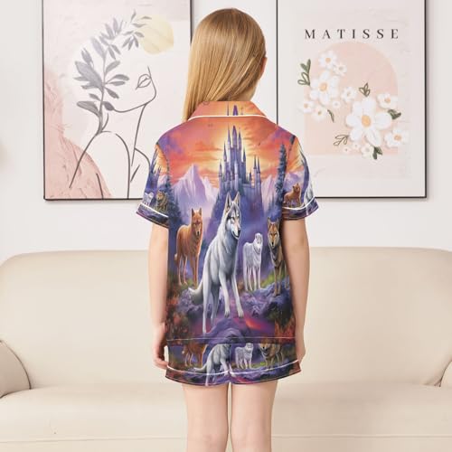 ALAZA Wolf Mountain Castle Satin Pajamas Set Short Sleeve Button Down Sleepwear Summer Pjs 2 Piece4