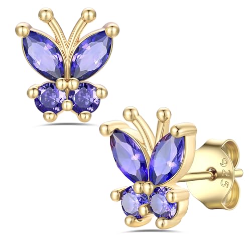 Bestyle Gold Butterfly Stud Earrings-February Purple Birthstone Butterflies Amethyst Earrings