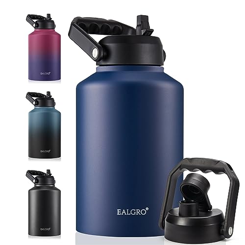 EALGRO Gallon Insulated Water Bottle Jug with Straw, 128 oz Large Stainless Steel Sports Metal Water Canteen With Handle, Thermal Water Cup Mug with 2 Lids, Navy Blue