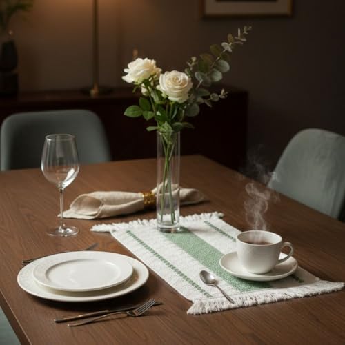 Image of HomeCloud Croshia Woven Table placemat - Heat Resistant, Washable Table Decoration for Dining, Office, Kitchen, Hotel, and Home (Rec White Green, Set of 6)