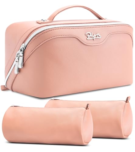 BOYATU Travel Makeup Bag Organizer Cosmetic Bag: 3 Pcs Set Make up Bags for Women with Handle - Waterproof Vegan Leather Toiletry Bags Travel Essentials Pouch with Compartments (C-05-Pink)