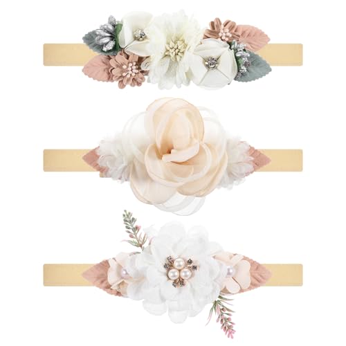 Image of Qianyu 3 Packs Baby Girls Headbands Elastic Flower Hair Bows Soft Newborn Hair Accessories Kids Infant Hair Bands Essentials Cute Polyester Wraps Gifts for Toddlers Filming Decorate Supplies