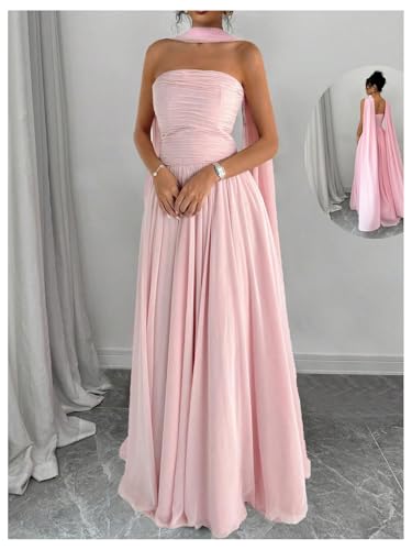 MakeMeChic Women's Mesh Strapless Tube Dress Ruched Sleeveless Cocktail Maxi Dresses with Scarf4