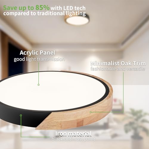 Image of 11.8 Inch Wood LED Flush Mount Ceiling Light 4500K, Black