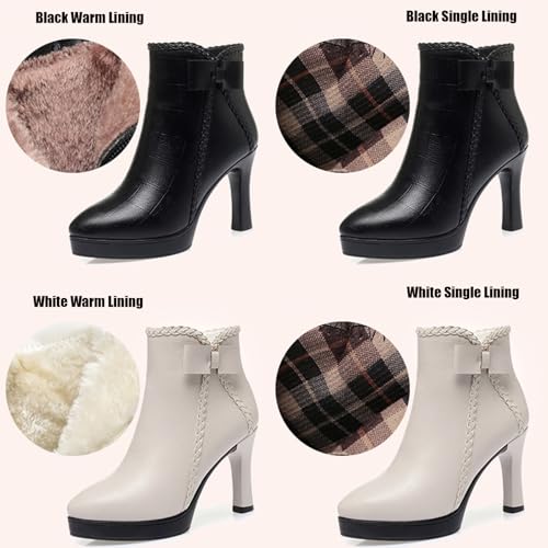Women's Pointed Toe Chunky Heel Bow Ankle Boots Fashion Leather Side Zipper Comfortable Fur Lined Low Block Heel Short Booties Casual Winter Kitten Heel Dress Boots4