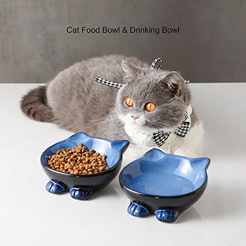 Nihow Ceramic Basic Cat Bowls: 5 Inch Cat Bowl For Food & Water - Food Grade Cat Dish For Small-Sized Cat - Microwave & Dishwasher Safe -Elegant Blue & Black (4.25 Oz /1 Pc) #TOP3