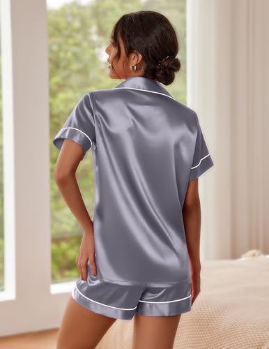Image of Ekouaer Pajamas for Women Set Silk Satin Pjs Button Down Sleepwear Summer Loungewear Top and Shorts Lounge Set S-XXL