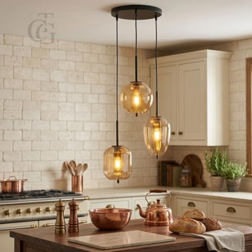 Image of Decorative Glass Pendant Lights|Perfect for Kitchen, Dining Room, Cafe or Living Room Lighting|Set of 3 Elegant Ribbed Amber-Glass Shades