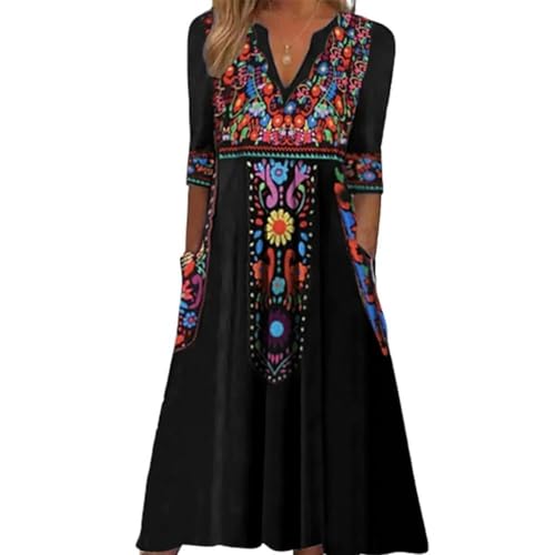 Akivide Fall Mexican Dress for Women,3/4 Sleeve V Neck Floral Embroidered Print Maxi Dresses with 2 Pockets