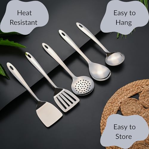 Image of Montavo by FnS 5 Pieces Stainless Steel Serving Tools Set | Slotted Turner, Soup Ladle, Skimmer Turner, Serving Spoon & Solid Turner | Kitchen Cooking Utensils for Home & Dining