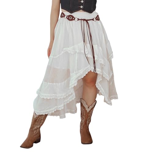 Womens Lace Trim Midi Skirts Elastic High Waist Asymmetrical Layered Hem Boho Flowy Party Long Skirt