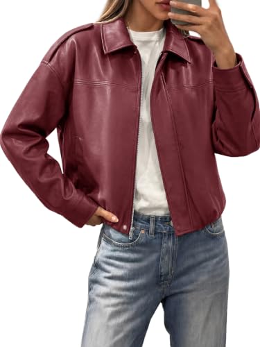 Tankaneo Womens Cropped Faux Leather Jacket Oversized Bomber Zip Up Coats