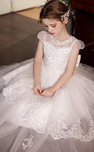 Tulle First Communion Dress for Girls Lace Applique Flower Girl Dresses for Wedding Long Ball Gown with Bow3