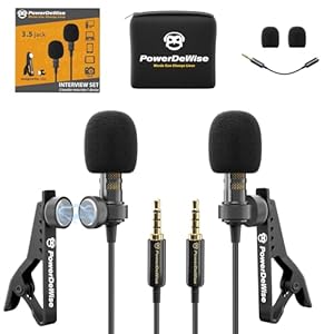 PowerDeWise Professional Grade 2 Lavalier Clip-On Microphones Set for Dual Interview – Double Lav Lapel Microphone – Use for iPhone Phone Camera – Video Recording Noise Cancelling 3.5mm Mic