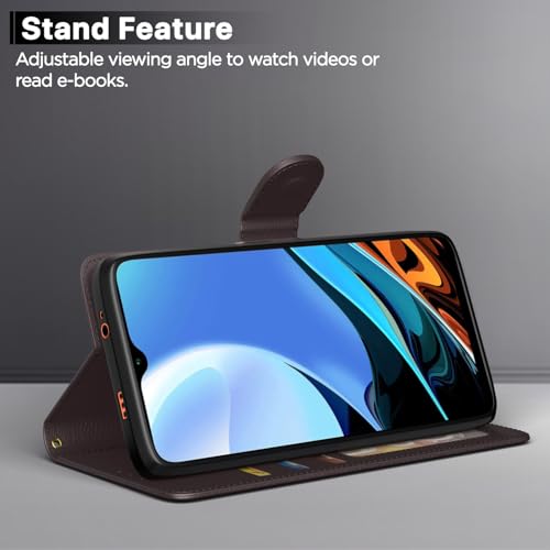 Image of Pikkme Mi Redmi 9 Power Flip Case Leather Finish | Inside TPU with Card Pockets | Wallet Stand and Shock Proof | Magnetic Closing | Complete Protection Flip Cover for Mi Redmi 9 Power (Coffee)