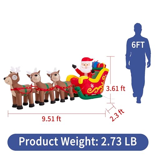 9.5 FT Christmas Inflatable Santa Claus on Sleigh with 3 Reindeer, Blow Up Santa, Christmas Inflatable Outdoor Decorations with Built-in LED Lights for Indoor, Garden, Lawn, Holiday, Party - Image 2