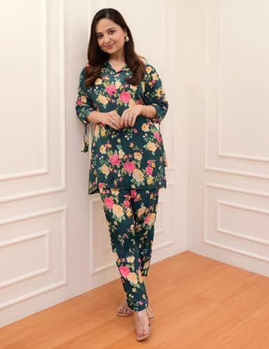 Image of DHRUVI TRENDZ Co Ord Set for Women Stylish | Ethnic Kurta Sets for Woman | Traditional Short Kurti for Women | Daily Comfortable Outfit for Office & Ethnic Set | 3 /4 Sleeve Kurti with Pant