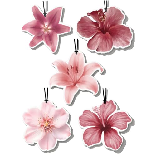 Image of Car Air Freshener 5-Pack, Hanging Red and Pink Floral Designs, 5 Scents | 5 flower-shaped designs with black cords; approx. 3 x 3.2 in, 3 mm thick; jasmine, hyacinth, sea, freesia and bluebell scents
