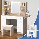 ALFORDSON Tavolo da toeletta con specchio e illuminazione, moderno tavolo da toeletta con 2 armadi, 5 cassetti, 6 ripiani, sgabello per camera da letto, colore legno