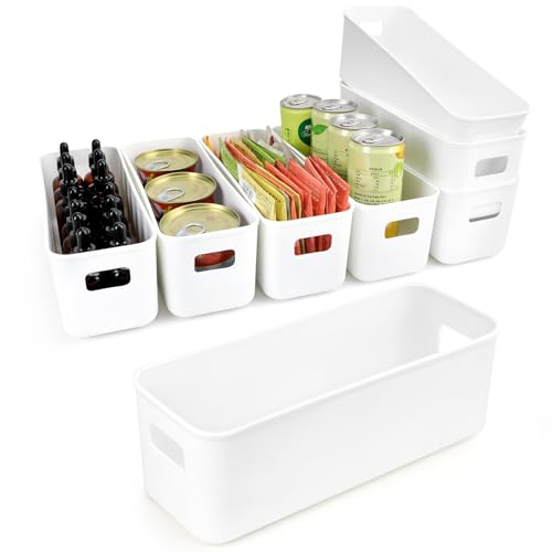 imatenn 8 pack Narrow Storage Box, Plastic Storage Baskets for Shelves, Slim Kitchen Cupboard Organiser Storage Boxes for Bathroom Cabinet, Drawers, Desktop Organisation, 10 cm Wide Rectangle,White