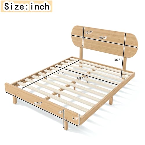 Image of Bellemave Queen Size Bamboo Bed Frame with Headboard,Bamboo Platform Bed Frame Queen Size with Rounded Headboard and Wood Slats,Easy Assembly,Natural