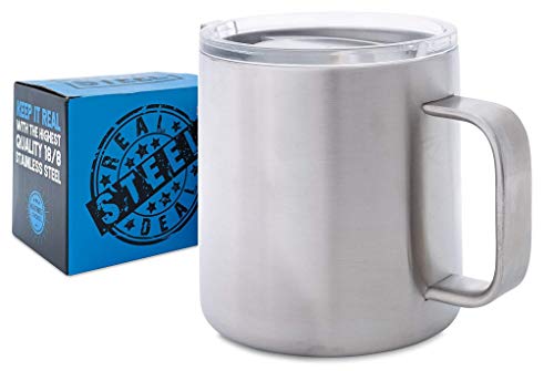 16 oz Stainless Steel Mug: Double Walled Metal Camping Mug with Lid - Vacuum Insulated Steel Coffee Mug with Handle for Outdoors, RV, Boating, Hiking, Campfire - Durable, Shatterproof