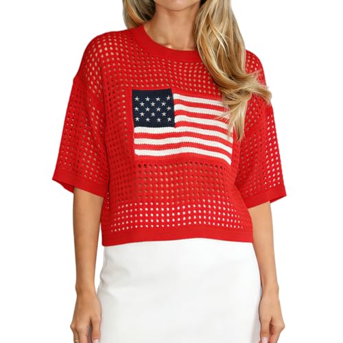 American Flag Crochet Sweater for Women Short Sleeve Crewneck Hollow Out Lightweight Knit Pullover Tops Cover Ups (Red,S)