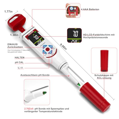 pH Messgerät für Lebensmittel zur Fermentation mit pH-Kalibrierungskits, Farbdisplay, Speerspitze, pH-Lebensmitteltester mit ATC für Kosmetika, Sauerteig, professionelle pH-Teststreifen