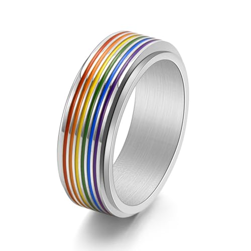 LAFATINA Regenbogen LGBT Gay Pride Spinner Drehring Ringe Herren Damen Edelstahl, Stressabbau Inspiration Ermutigung, Hochzeitsbandring