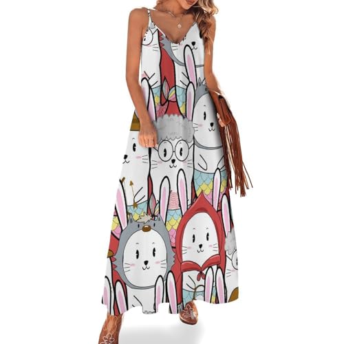 Robe maxi femme imprimé lapins de dessins animés coupe fluide été sans manches