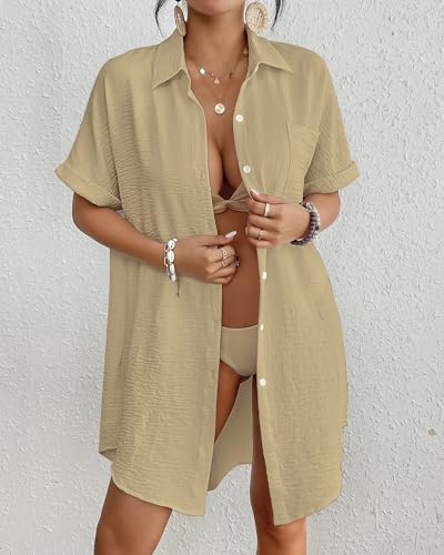 Image of Bsubseach Women Swimsuit Coverup Shirt Dress Button Down Bathing Suit Cover Up Beach Vacation Outfits