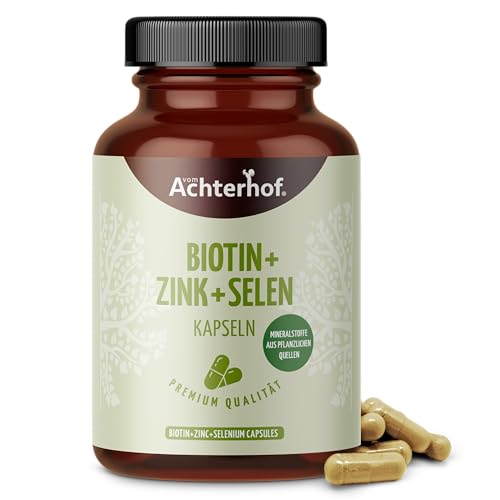 Biotin-Zink-Selen Komplex 120 Kapseln | mit Zink aus Guaven Extrakt, Selen aus Senfsaat Extrakt, Vitamin C und Brennnesselsamenpulver | hochdosiert 10.000 mcg Biotin | 100% vegan | vom Achterhof