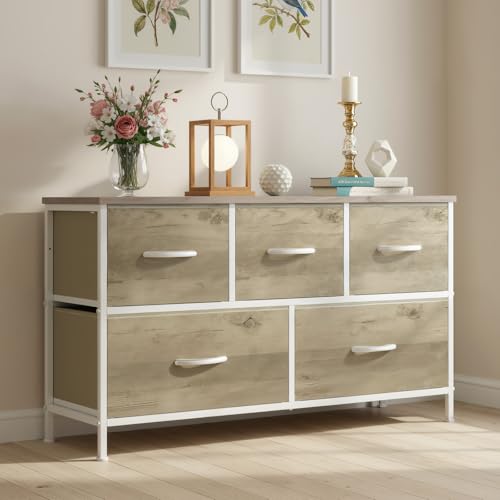 Image of OLIXIS 5 Drawer Dresser for Bedroom, Storage Organizer Unit for Closet | Chest of Drawers for Clothes Storage with Bins, Wide Fabric Bedroom Dresser, Wooden Top, Living Room, Greige Oak