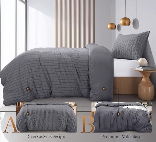 Utopia Bedding Seersucker Bettwäsche 135x200 Set - Mikrofaser Polyester Bettbezug 135x200 cm + 1 Kissenbezug 80x80 cm - Grau