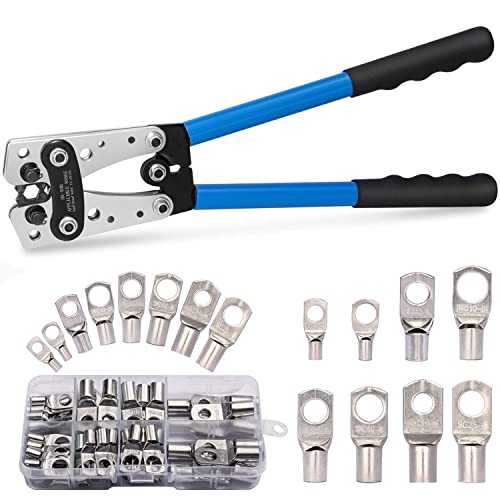 Solsop Battery Cable Crimping Tool Kit for 6, 10, 16, 25, 35, 50mm² (AWG 10-1/0) Cable Lugs, Battery Cable Lug Crimper Tool with 60PCS Copper Ring Terminals 8 Sizes